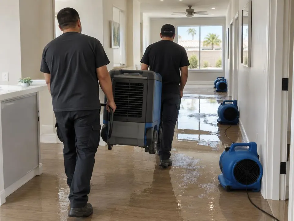 Generated illustration of two workers seen from behind moving a dehumidifier through a wet hallway