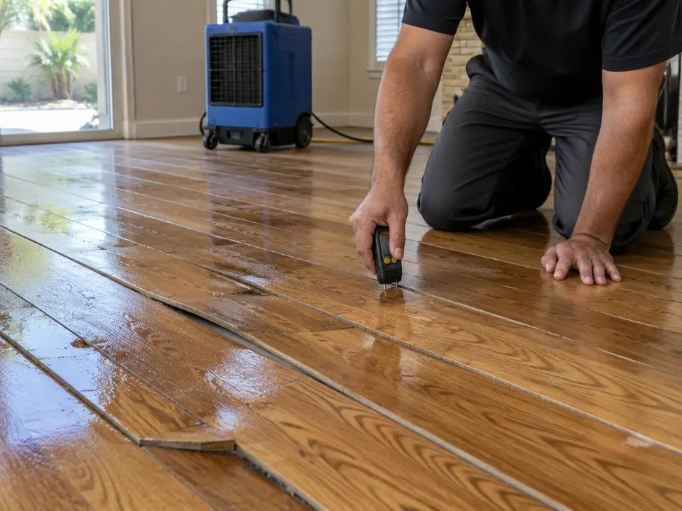Generated illustration of a kneeling worker checking cupped hardwood boards with a pin moisture meter