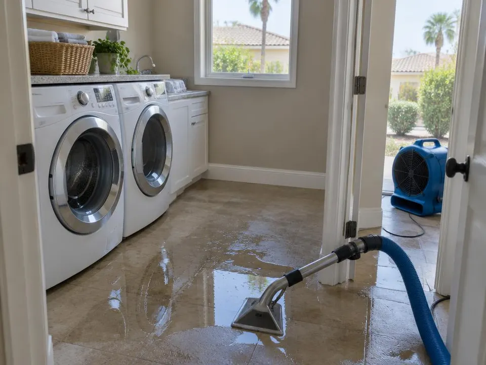 Generated illustration of a wet laundry room floor with an extraction wand and an air mover