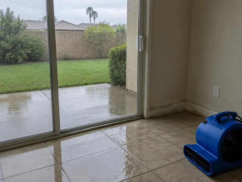 Generated illustration of wet tile at a sliding patio door after rain, with a damp baseboard and an air mover