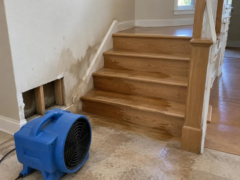 Generated illustration of water-stained stair treads and opened drywall with an air mover at the foot of the stairs