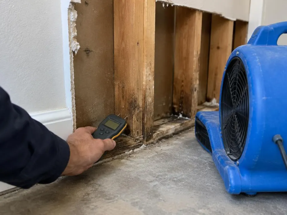 Generated illustration of a moisture meter held against exposed wall studs next to an air mover